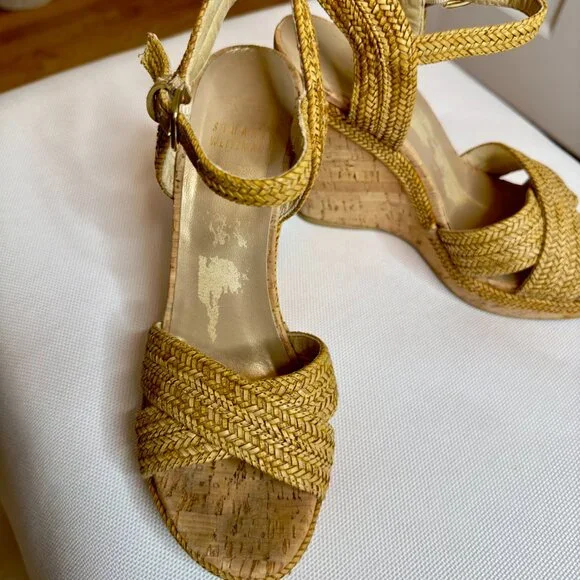 Stuart Weitzman Minx Stappy Wedges Shoes with Cork and Raffia Size 7 - Picture 13 of 16